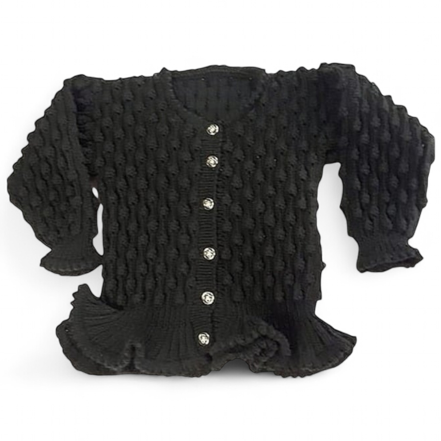 Hand knitted girls black peplum bobble cardigan 24 inch chest 