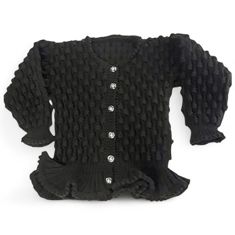 Hand knitted girls black peplum bobble cardigan 24 inch chest 