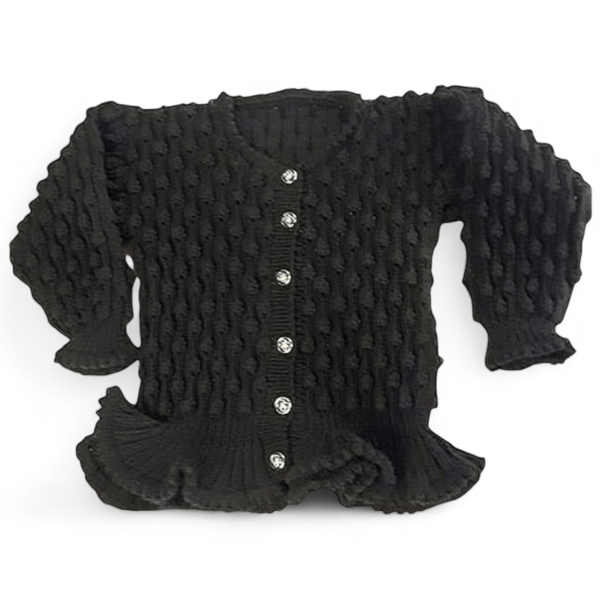 Hand knitted girls black peplum bobble cardigan 24 inch chest 