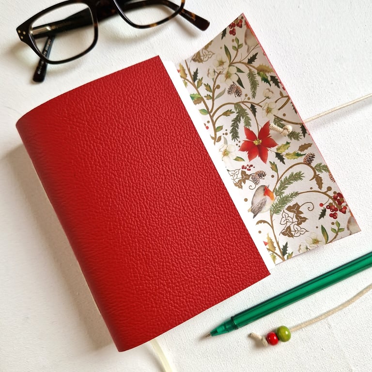 Christmas Poinsettia Journal, Hand Bound in Red Leather, Christmas Keepsake