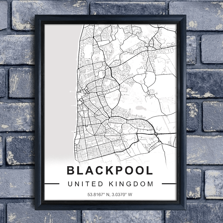 Map of BLACKPOOL, Cityscape Poster, Black and White City Map, Framed Wall Art