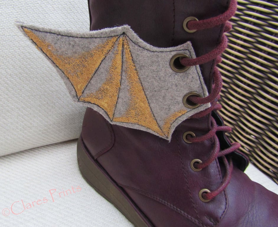 Steampunk Fabric Boot Wings Bat Wings Grey Gold