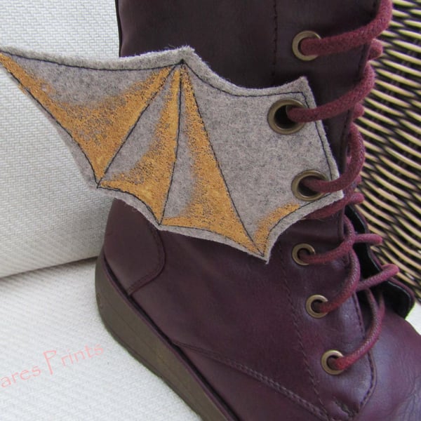 Steampunk Fabric Boot Wings Bat Wings Grey Gold