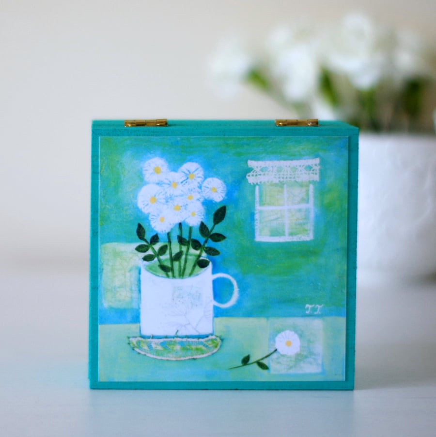 Turquoise Trinket Box, White Flowers Jewellery Box, Art Print Decorative Box