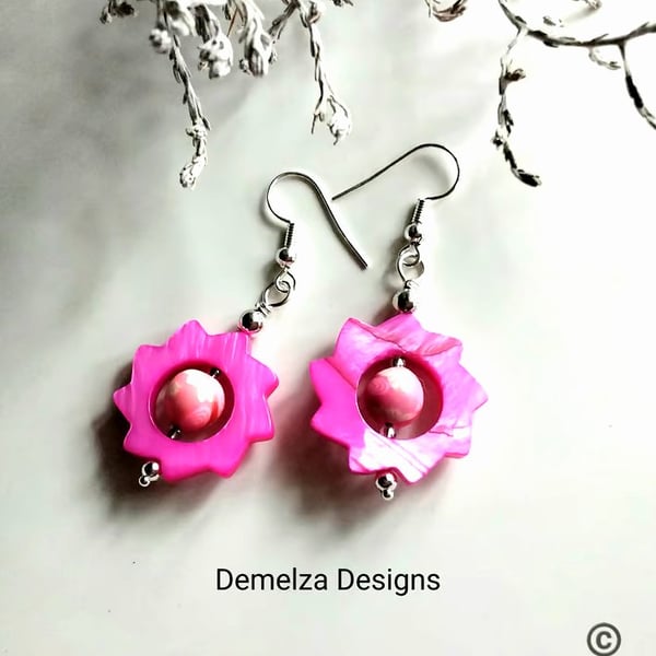 Mother of Pearl & Polymer Clay Earrings  Silver Plate