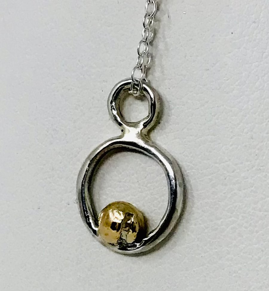 Handcrafted silver pedant circle with gold small granule necklace 