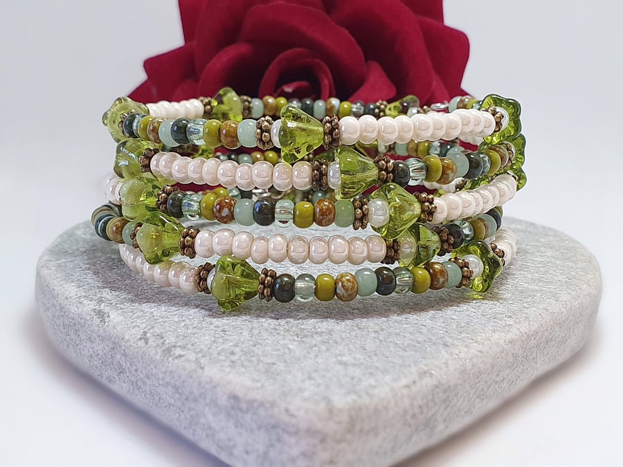 Forest green and cream Beaded Czech glass floral wrap bracelet 