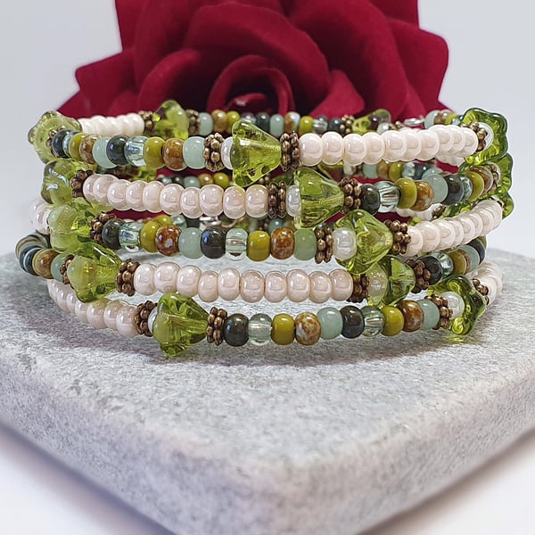 Forest green and cream Beaded Czech glass floral wrap bracelet 