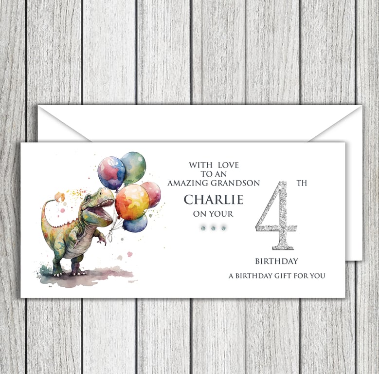 Dinosaur With Balloons Birthday Money, Gift Voucher Wallet