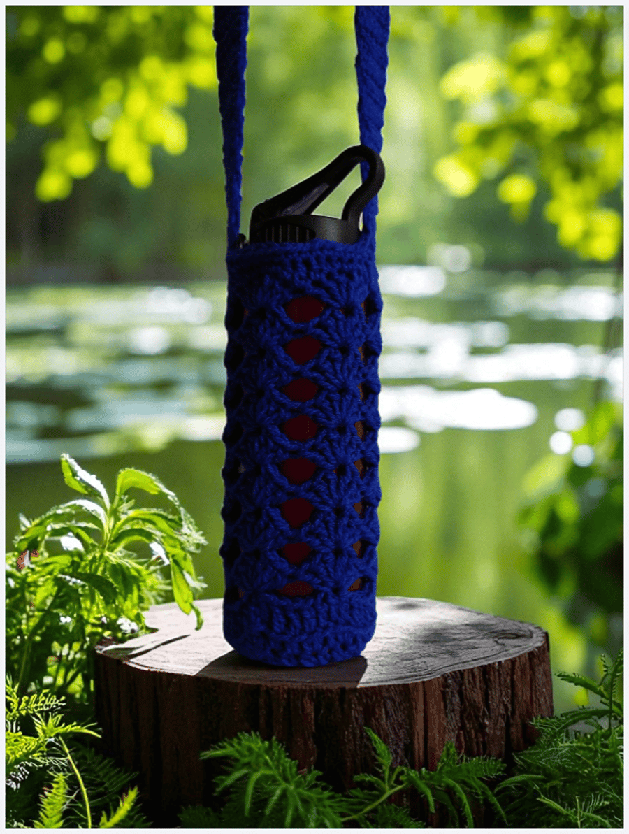 Hand Crochet Water Bottle Holder Crossbody Water Bottle Carrier - Royal Blue