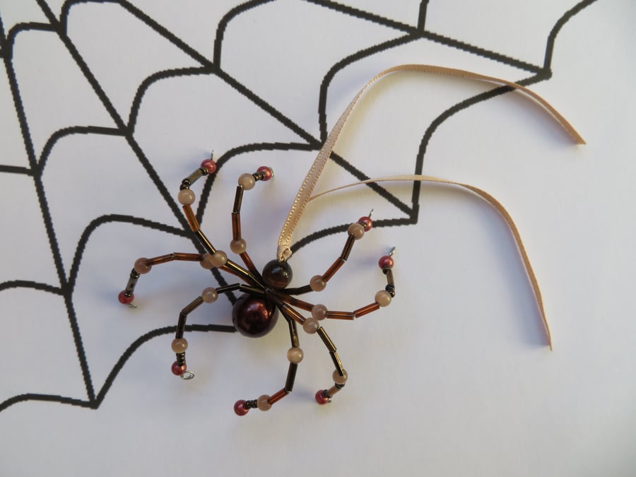 Chocolate Brown Beige & Copper Ornamental Beaded Spider Gift Hanging Decoration