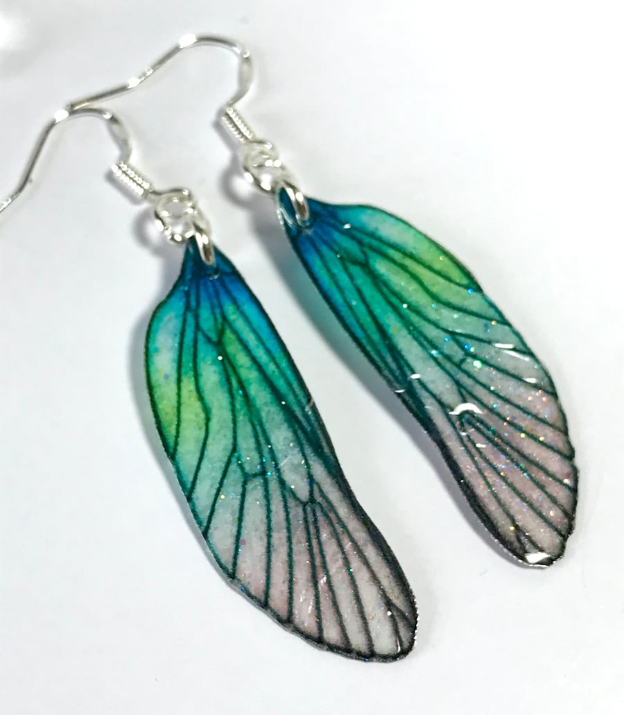 Blue and Green Sterling Silver Fairy Wing Earrings