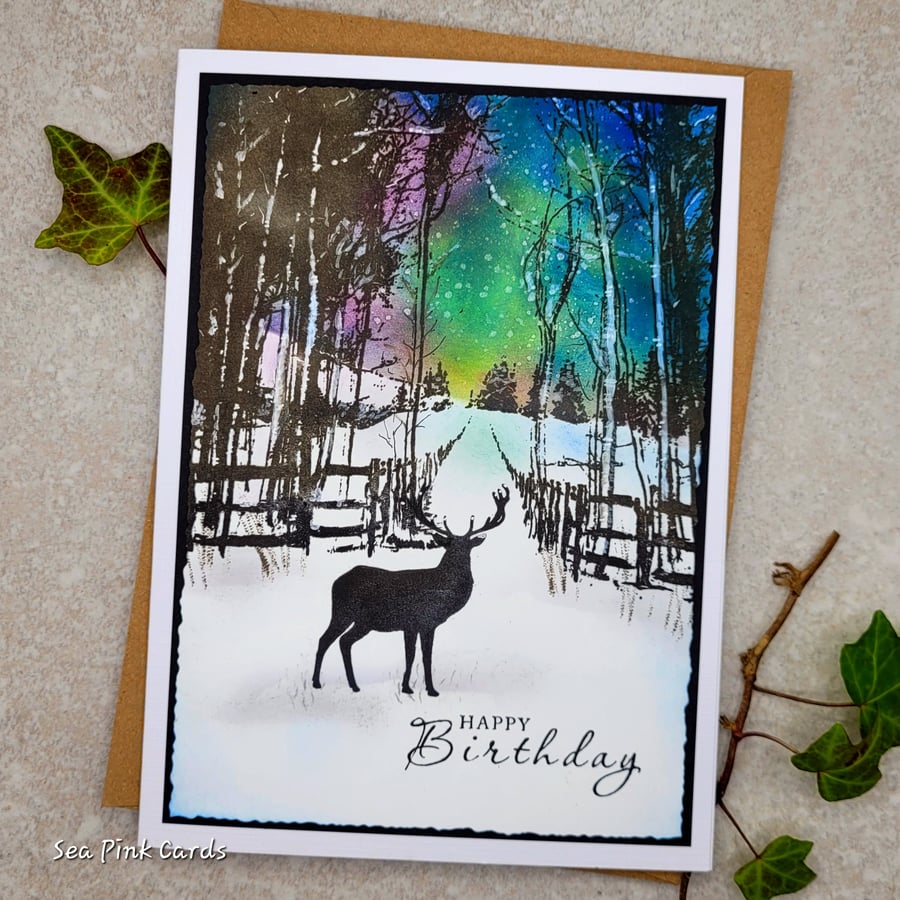 Card - birthday cards handmade, stag, northern lights, trees 