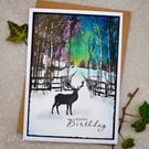 Birthday Card - cards, stag, northern lights, trees, handmade 