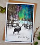 Birthday Card - cards, stag, northern lights, trees, handmade 