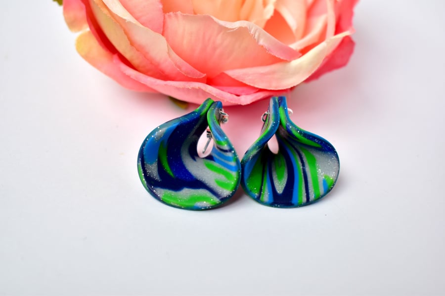 Bribie Island Blue, Green & Silver Polymer Clay Loop Earrings