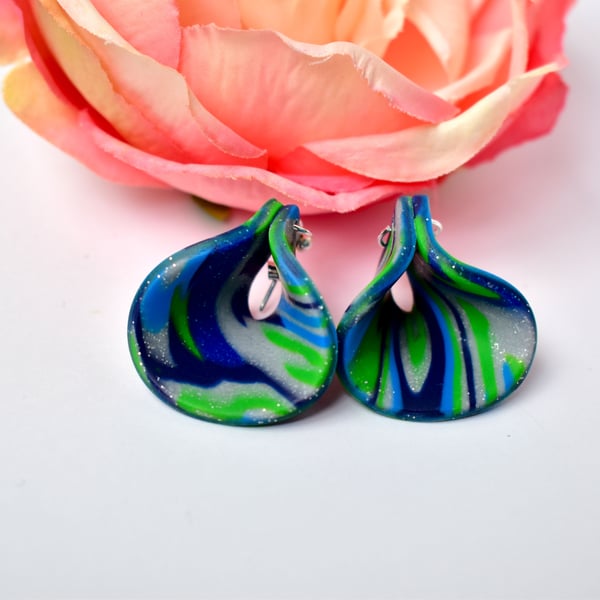 Bribie Island Blue, Green & Silver Polymer Clay Loop Earrings