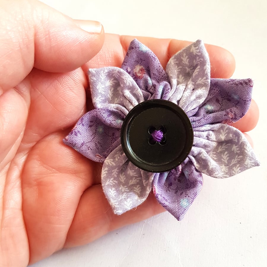 Purple Fabric Flower Brooch with Black Button - Floral Textile Pin - Folksy