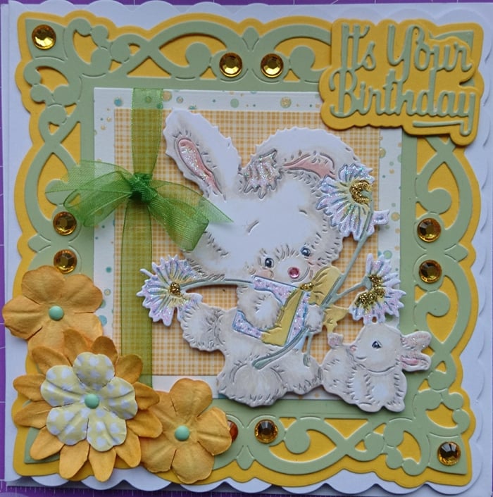 Birthday Card Cute Bunny Rabbits Glitter Gift Flowers 3D Luxury Handmade Yellow