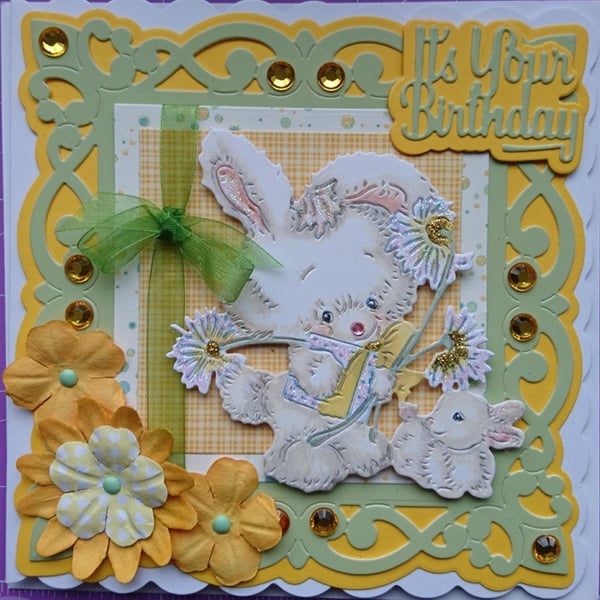 Birthday Card Cute Bunny Rabbits Glitter Gift Flowers 3D Luxury Handmade Yellow