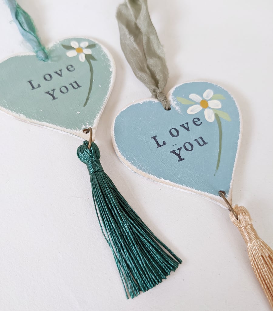 Hand Painted Wooden Heart Hanging Decoration 'Love You'