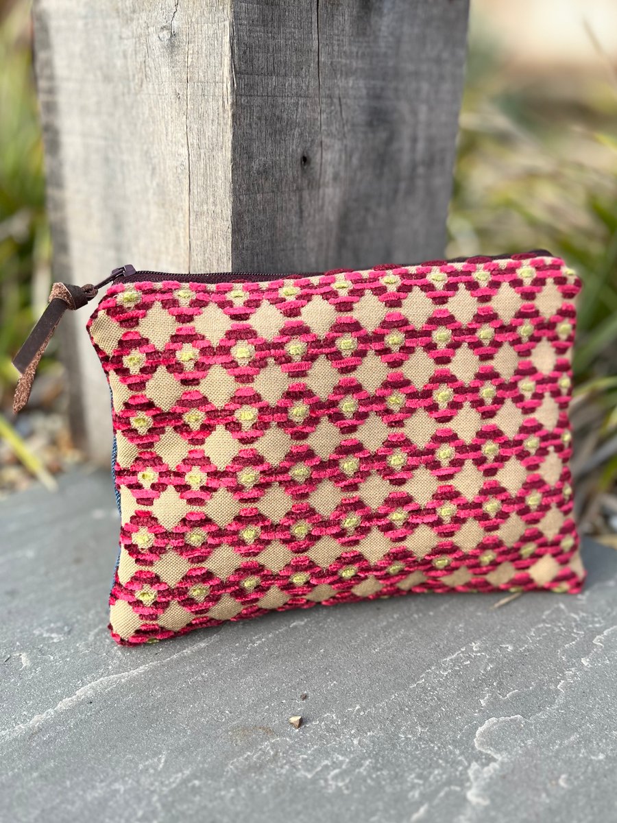Pink chenille and reclaimed denim zip pouch