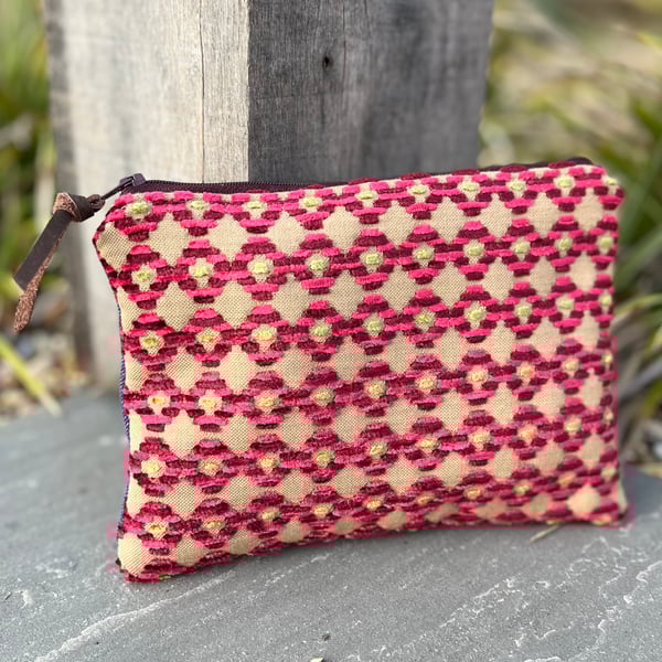Pink chenille and reclaimed denim zip pouch