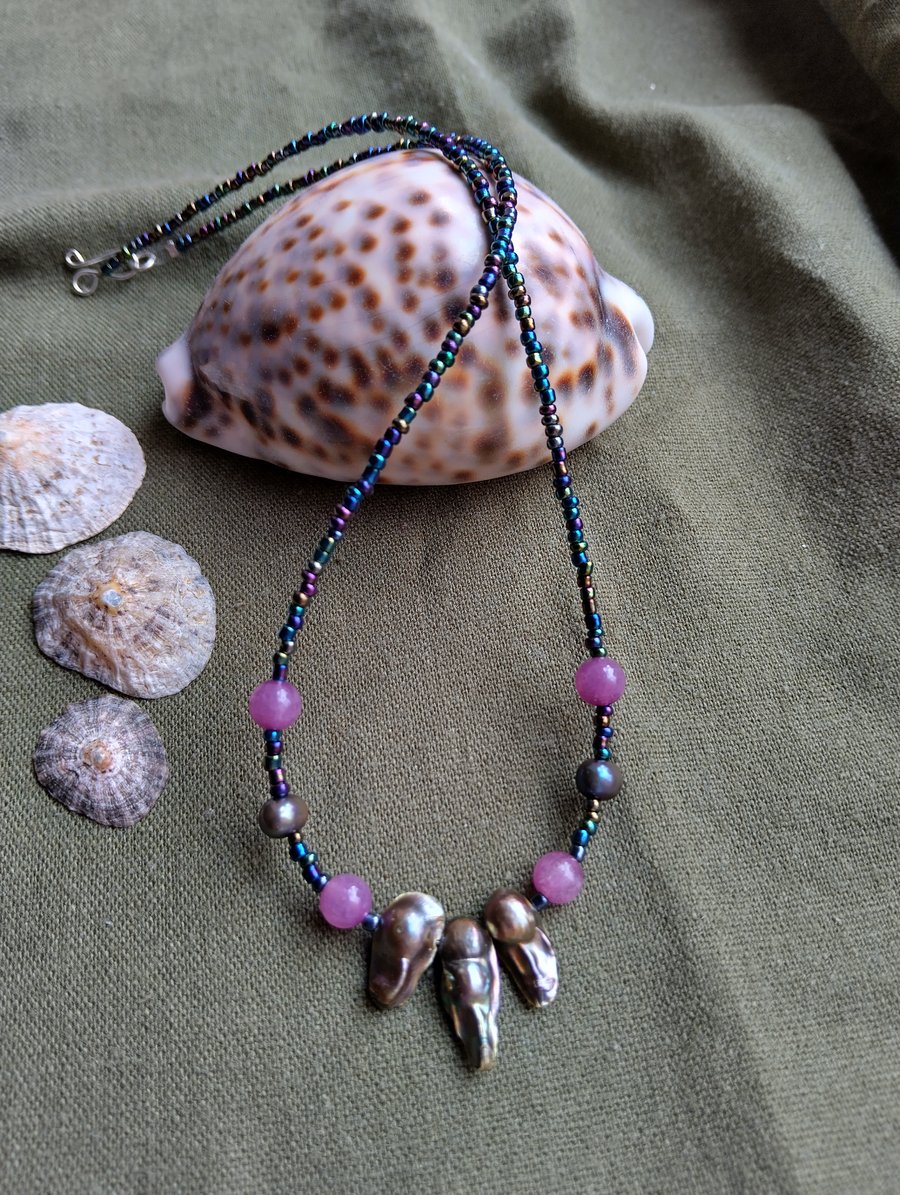 Pearl, Amethyst, and Glass Beaded Necklace with 925 Sterling Silver Clasp
