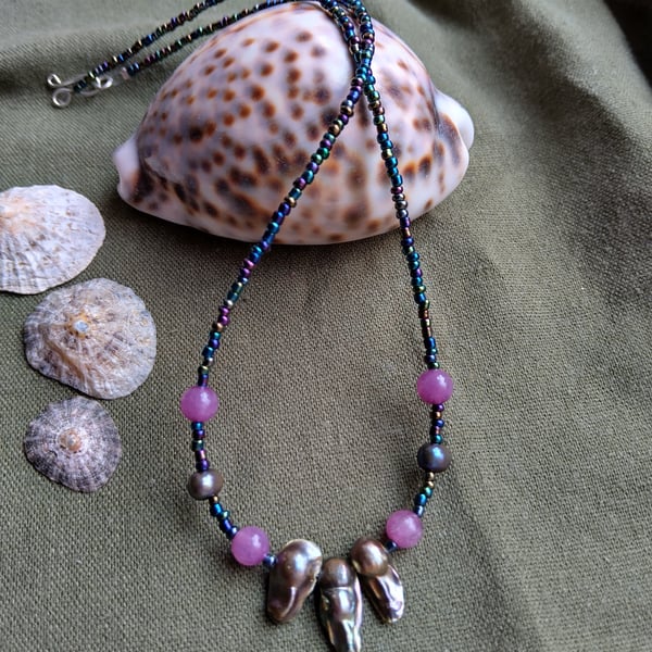 Pearl, Amethyst, and Glass Beaded Necklace with 925 Sterling Silver Clasp