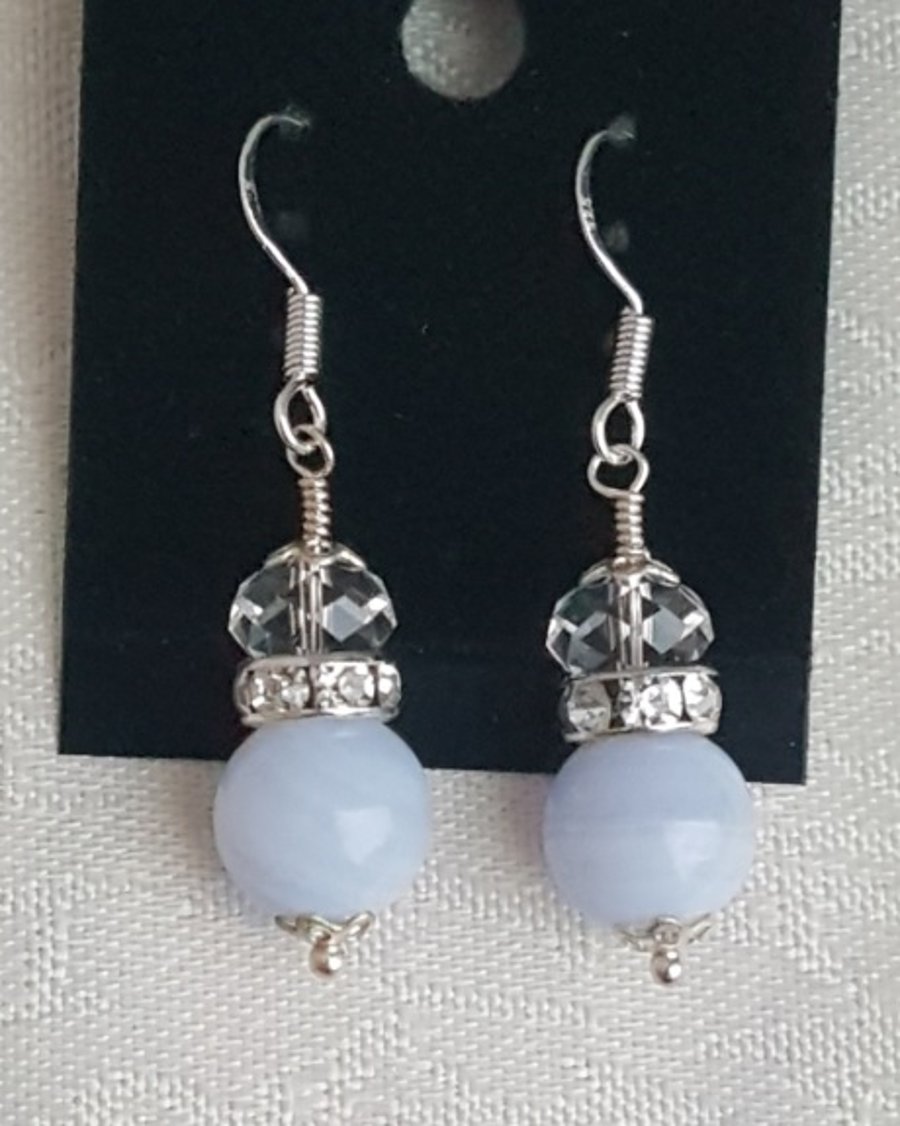 Gorgeous Blue Lace Agate and Clear Crystal Earrings