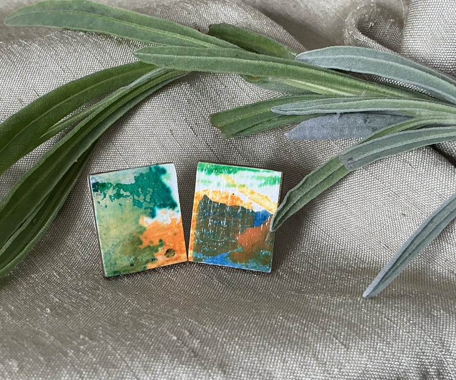 Green & Orange, Stainless Steel Post Earrings.