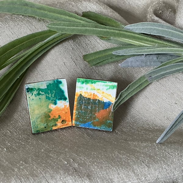 Green & Orange, Stainless Steel Post Earrings.