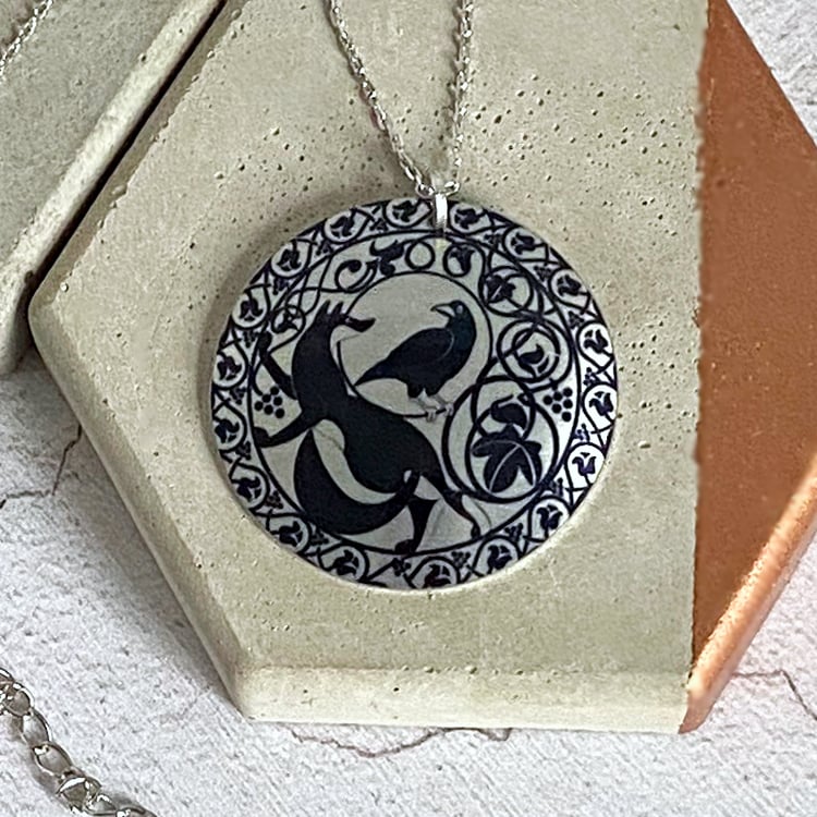 Necklace with fox and crow, 32mm round pendant, handmade jewellery gifts. 