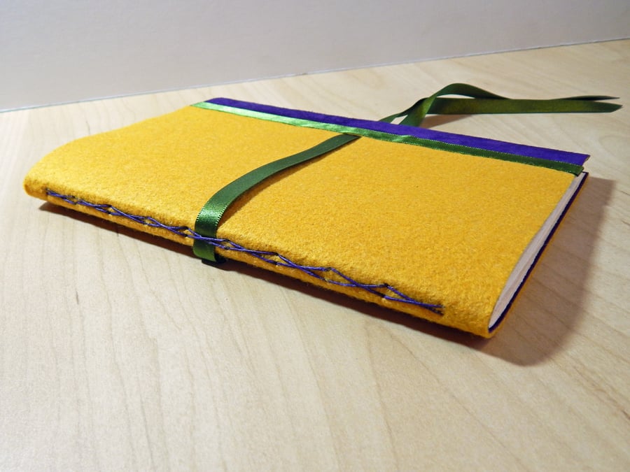 Felt Journal in Suede Leather & Felt, hand made. Yellow, purple & green.
