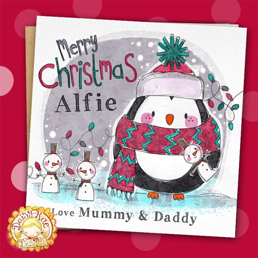 Frosty Penguin Christmas personalised white square 6" linen card