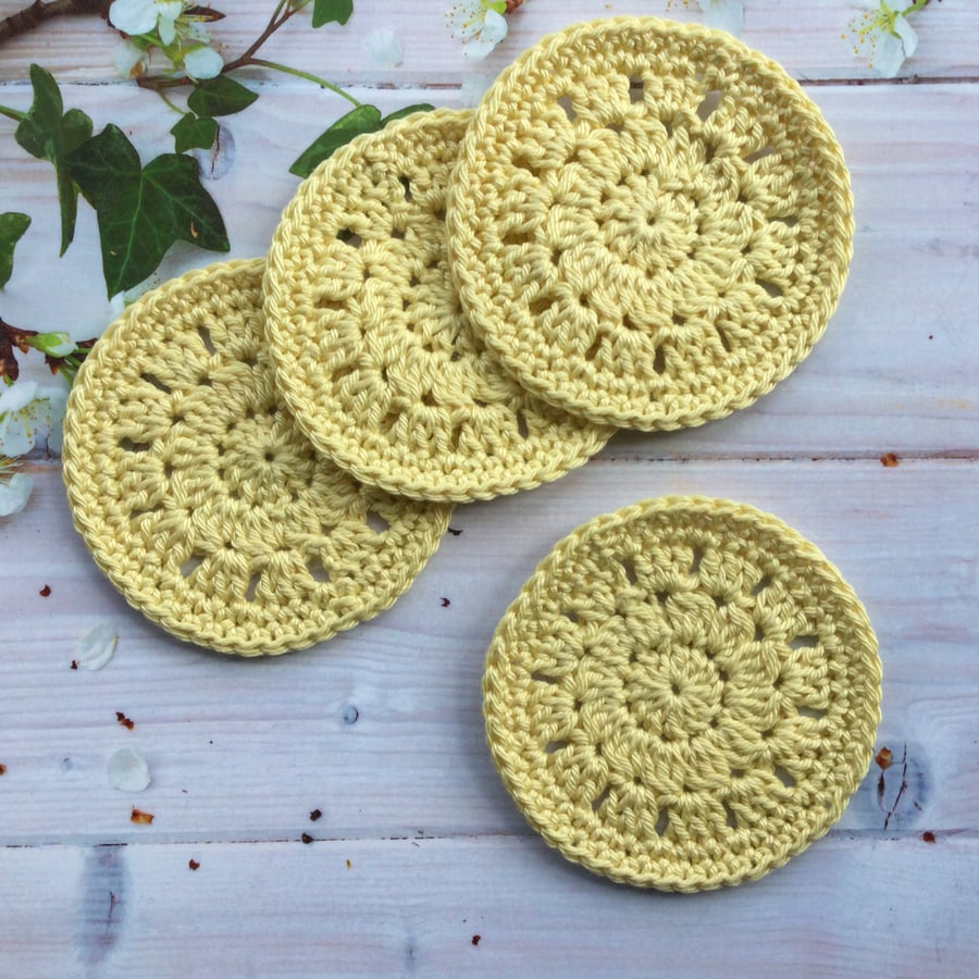 Crochet Cotton Coasters a Set of 4 in Yellow