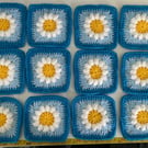 12 Hand Crocheted Daisy Granny squares Blues