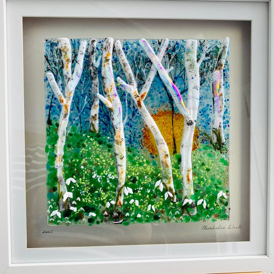 Snowdrop meadow fused glass art picture