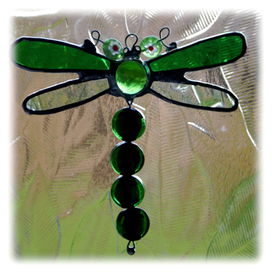 SOLD Dragonfly Suncatcher Stained Glass Green Bead-Tailed  