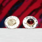 Handmade Swirl ear studs, asymmetrical, unique pattern, garnet. Choice of stones