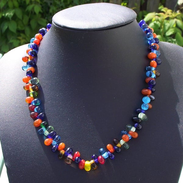 Vintage Indian glass drop necklace multi colour nuggets recycled