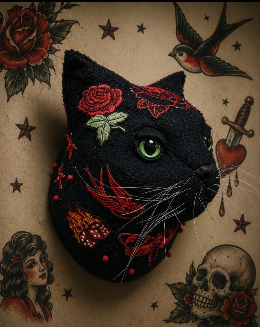 Larger than life felt cat head wall mount 'Blackjack''