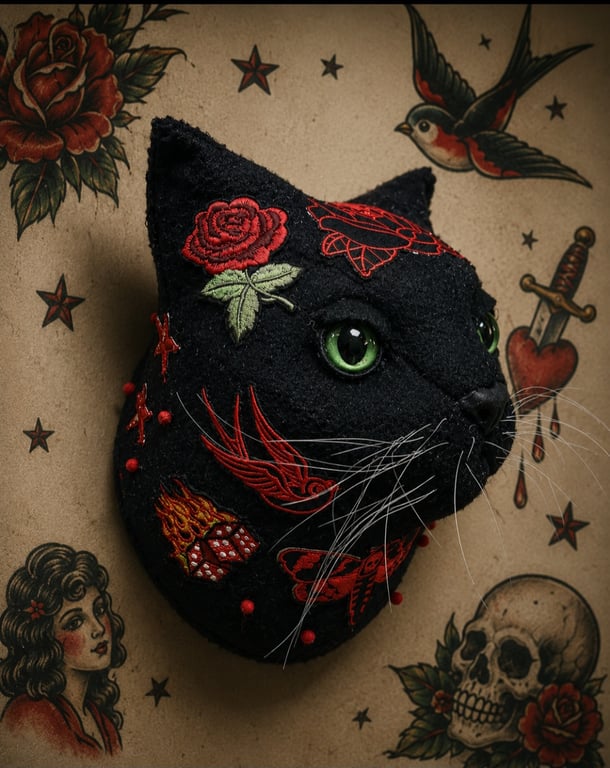 Larger than life felt cat head wall mount 'Blackjack''