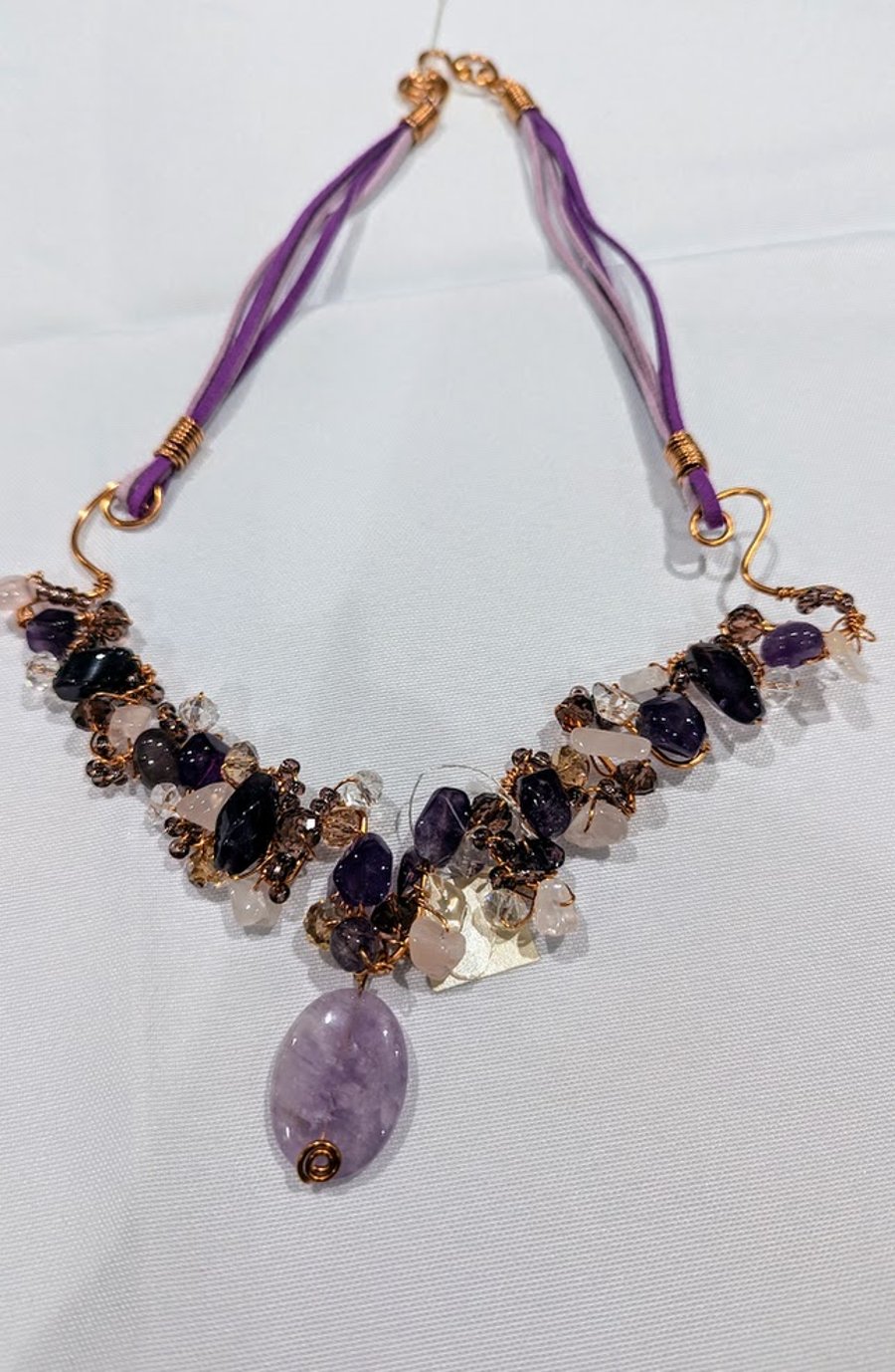 Amethyst, Rose Quartz & Chinese crystal non-tarnish Copper thong necklace (N477C