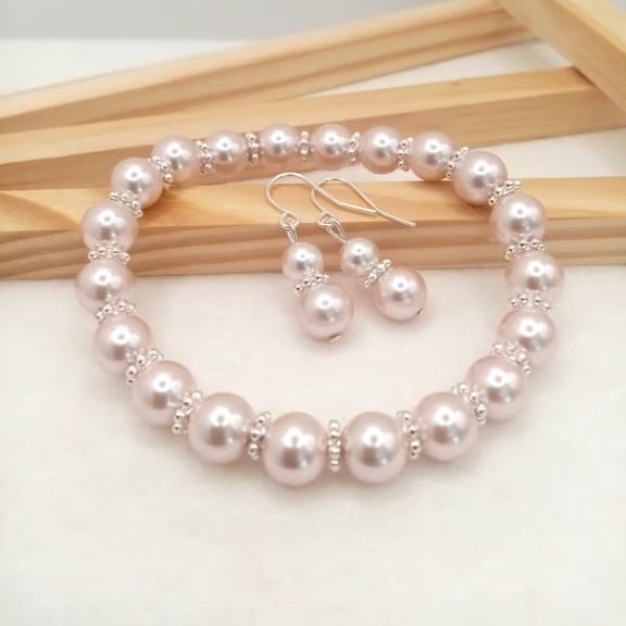 Soft Pink Pearl Earrings & Bracelet Set, Wedding Accessories, Gift Boxed 