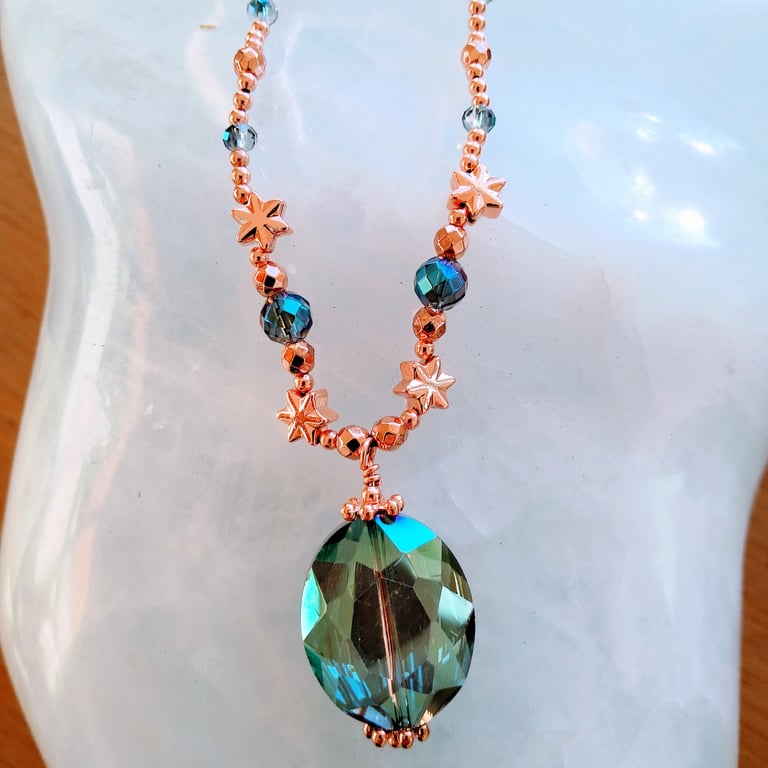 Rosegold And Blue Crystal Beaded Star Necklace 16 inch