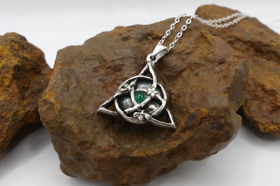 Sterling Silver Triquetra and Bees with Green Onyx Gemstone Pendant Necklace.