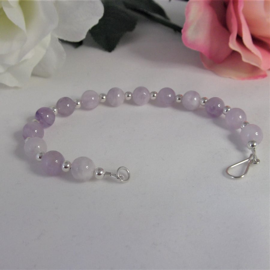 Lavender Amethyst gemstone and sterling silver bead bracelet recycled silver