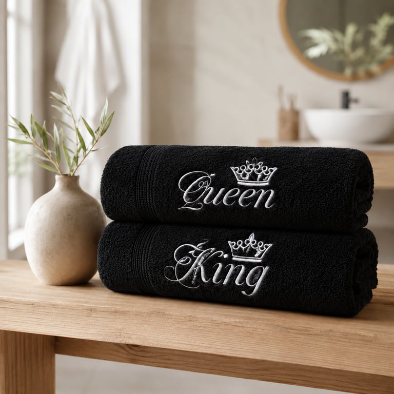 King & Queen Embroidered Hand Towel Set 50x90cm  – Black & Silver