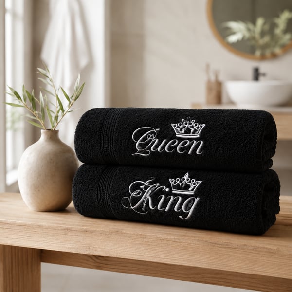 King & Queen Embroidered Hand Towel Set 50x90cm  – Black & Silver